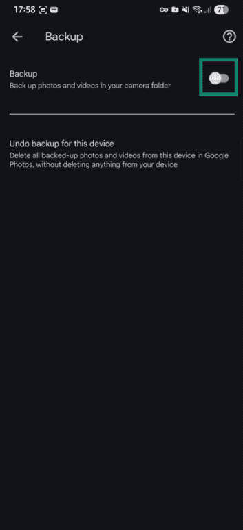 Google Photos Backup settings screen with the backup toggle turned off on Android.