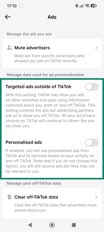 Ads settings page, highlighting the Targeted ads outside of TikTok and Personalised ads toggles.