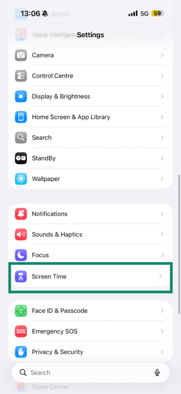 Screentime option highlight in iOS settings app