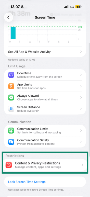 List of screentime settings including content and privacy restrictions