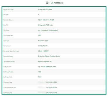 Metadata details displayed in the online EXIF viewer