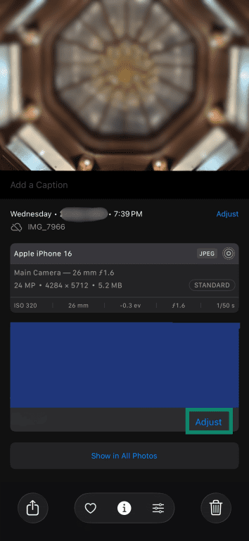 Adjust option selected next to the photo location details in the iPhone Photos app