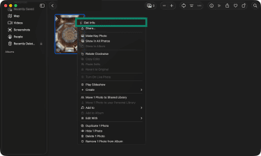 Get Info option in the Photos app right-click menu on Mac