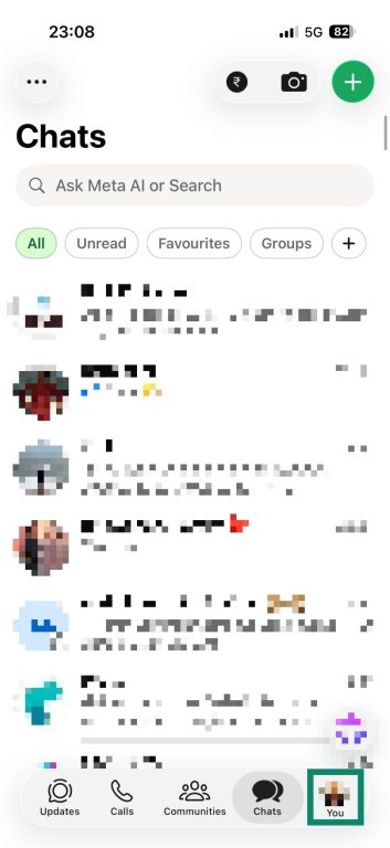 WhatsApp home screen with the You button at the bottom-right corner highlighted.