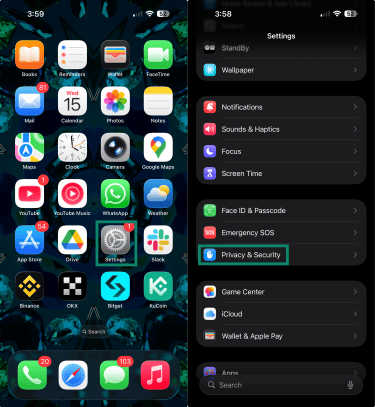 Privacy & Security button in an iPhone's Settings menu.
