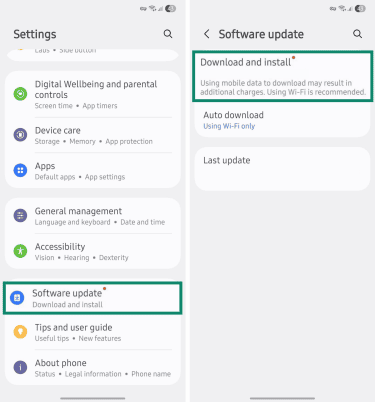 Phone software updates menu and installation.